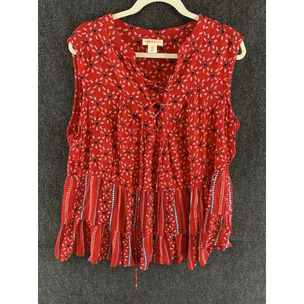 Style & Co. Top Shirt Blouse Sleeveless Boho Rayon Red Blue Size 2X